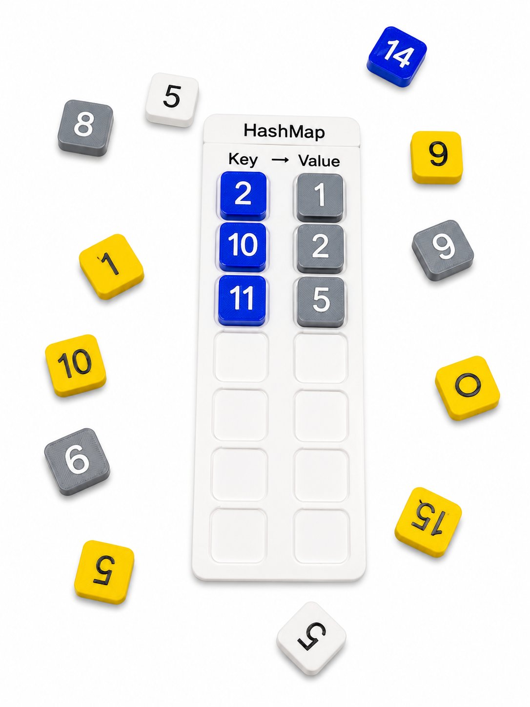 AlgoBlocks hash map board pairing blue key tiles with grey value tiles