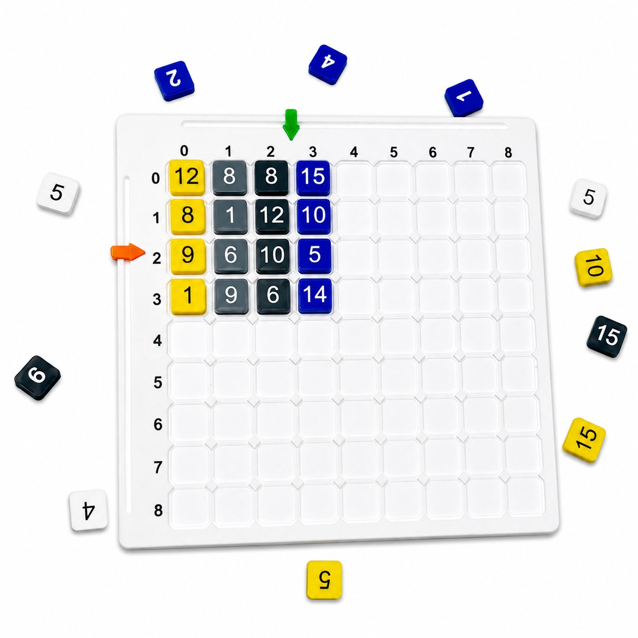 AlgoBlocks matrix board with tiles arranged in rows and columns with row and column pointers