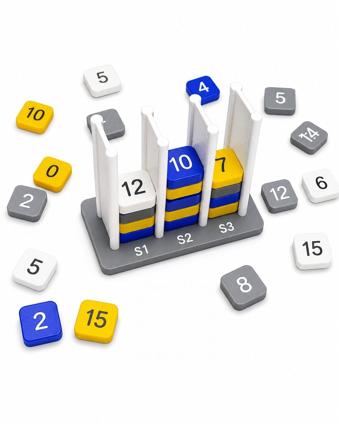AlgoBlocks stack rig with three poles holding stacked number tiles